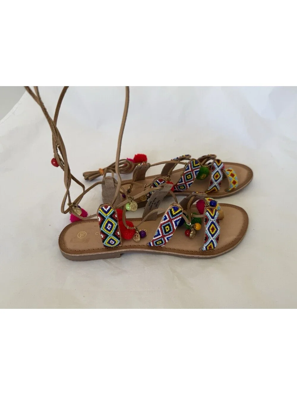NEW Chinese Laundry Posh Boho Sandals Size 10 Beaded Pom Poms Coins Gladiator